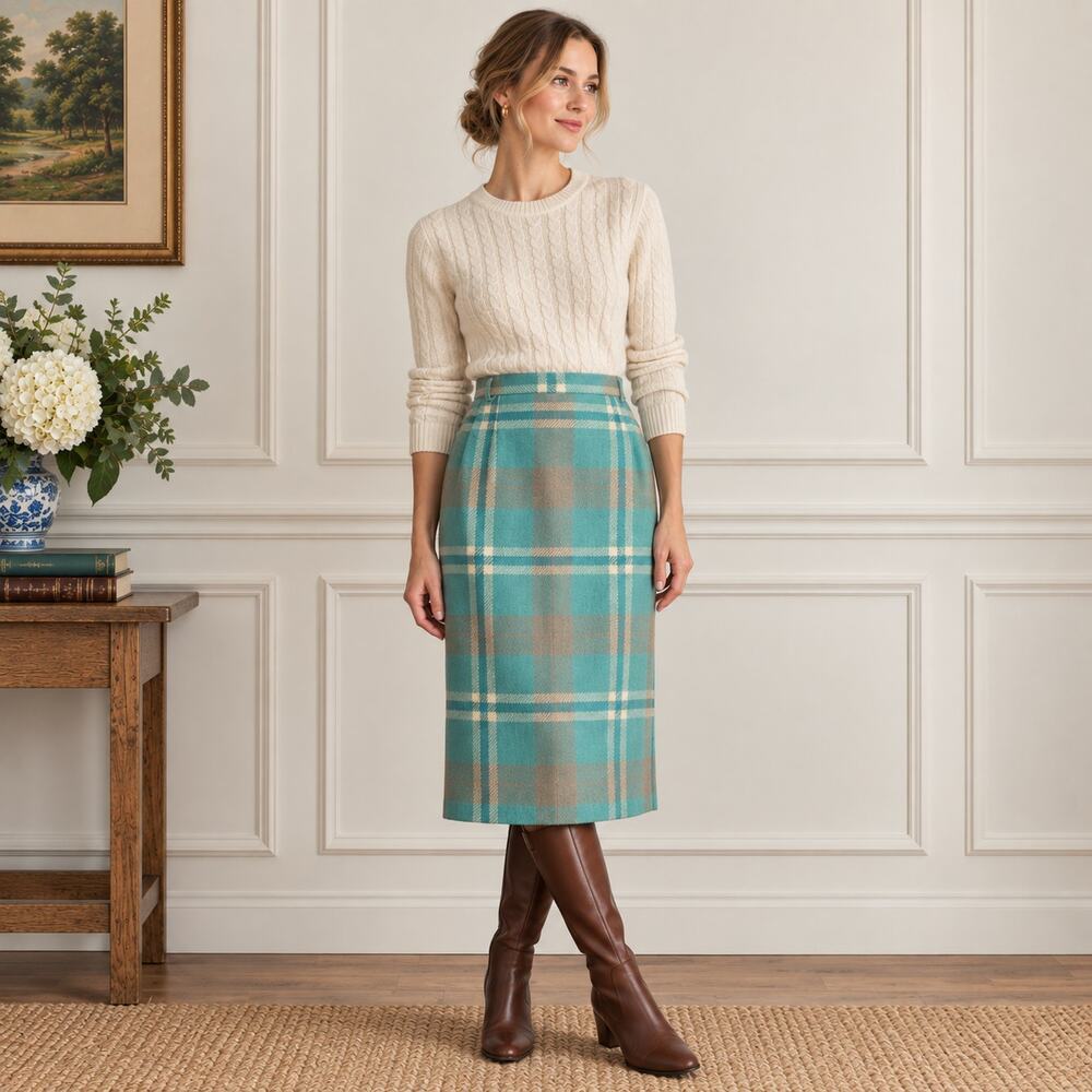 Vintage Wool Plaid Skirt Blue Taupe Knee Length Preppy 28 Waist M